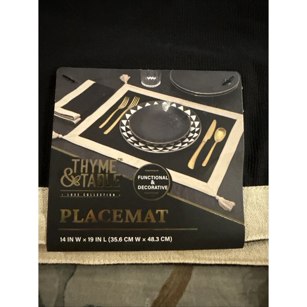 Thyme & Table Black Beige Cotton Metallic Rectangular Placemats 14x19in Set of 3